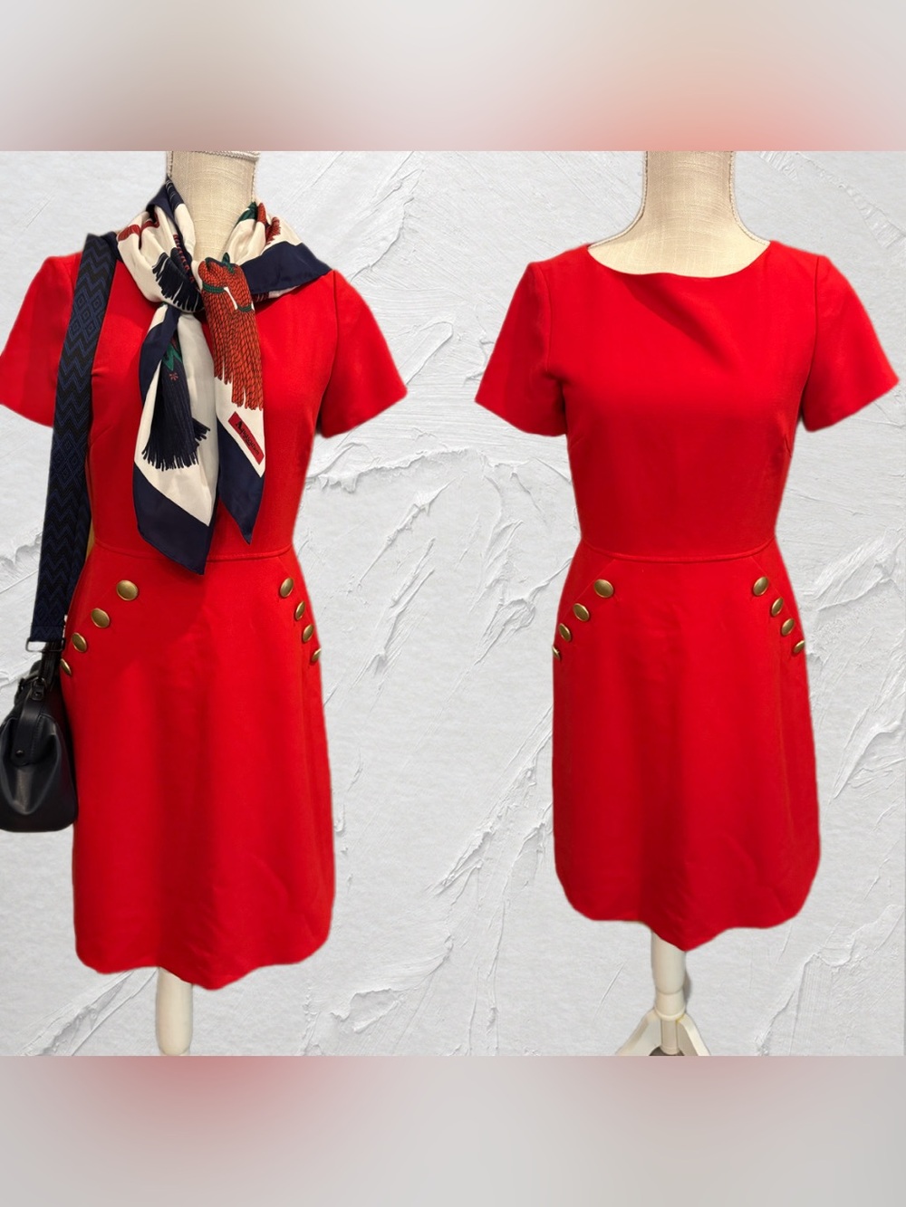 Tahari Arthur S Levine Red Short Sleeve Dress with Gold tone Button Detail